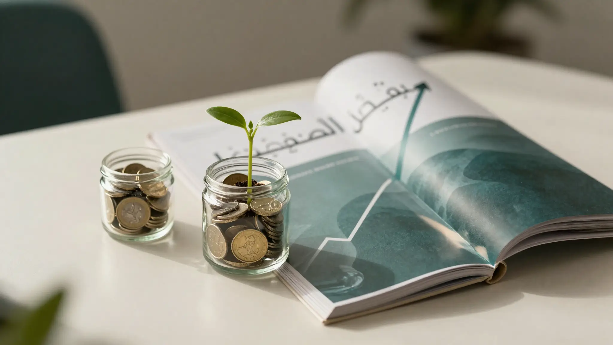 جرة زجاجية مليئة بالعملات المعدنية بجانب نبتة صغيرة نامية ترمز إلى الفائدة ونمو المدّخرات وأسعار الفائدة